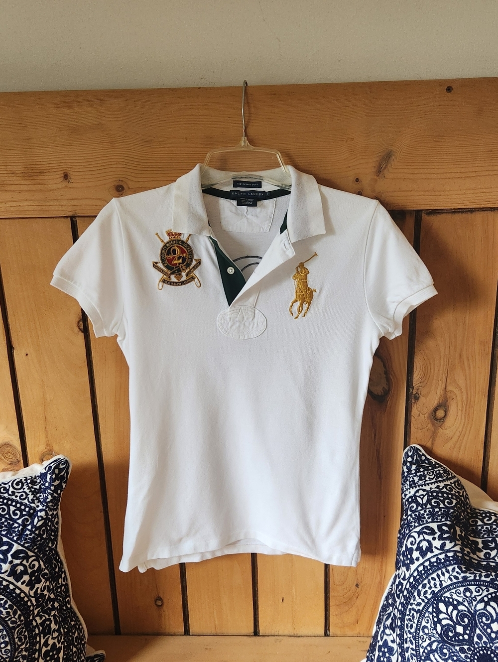Ralph Lauren Womens Sm White Polo with Gold Embroidered Pony and Crest #2